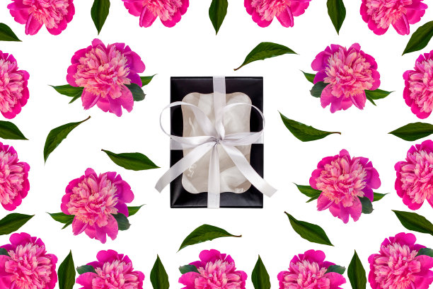 黑色礼盒，银色丝带，牡丹花，白底绿叶，平铺。经典的包。图片下载