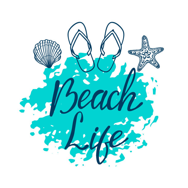 海滩生活-手写字母。文字孤立在白色背景与设计元素。夏季排版照片叠加，t恤打印，传单，海报设计。海滩生活信息图片下载