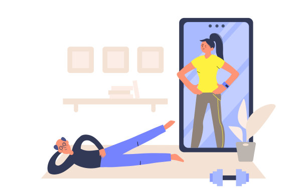 女性教练，老人卡通人物练习瑜伽和健身，健康的生活方式，在线健身在家。图片下载