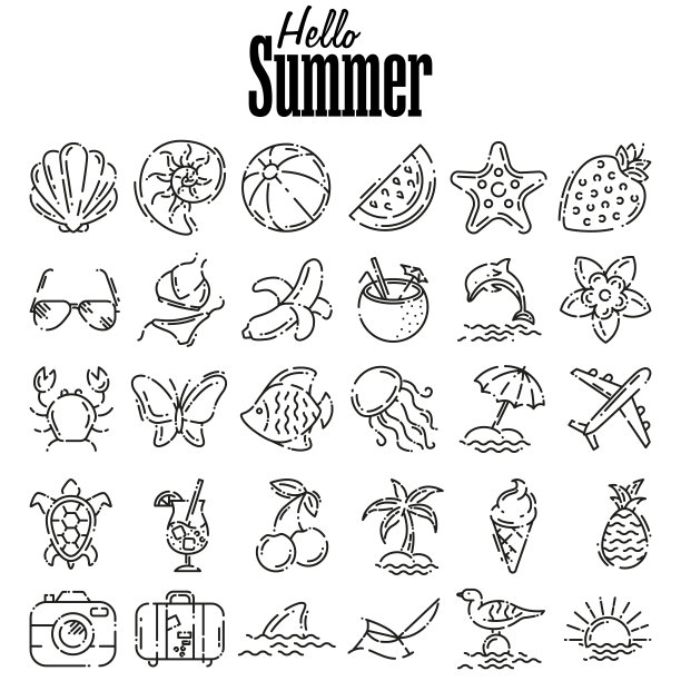 细线图标集的夏天和海滩。大纲符号集合。图片下载