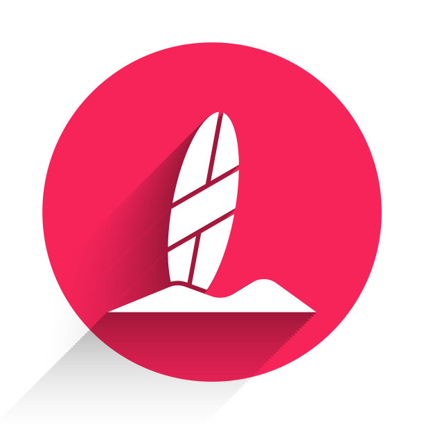 白色冲浪板图标孤立与长影子。冲浪板。极限运动。运动设备。红色圆圈按钮。矢量图图片下载