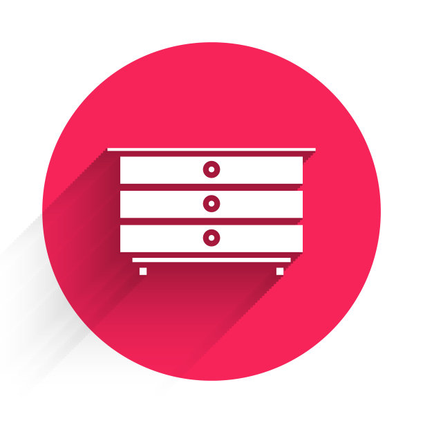 白色抽屉柜图标孤立与长影子。红色圆圈按钮。矢量图素材图片