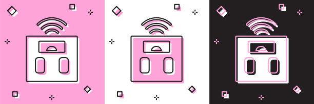 设置智能浴室秤图标隔离粉红色和白色，黑色背景。体重测量设备。物联网概念与无线连接。向量图片下载