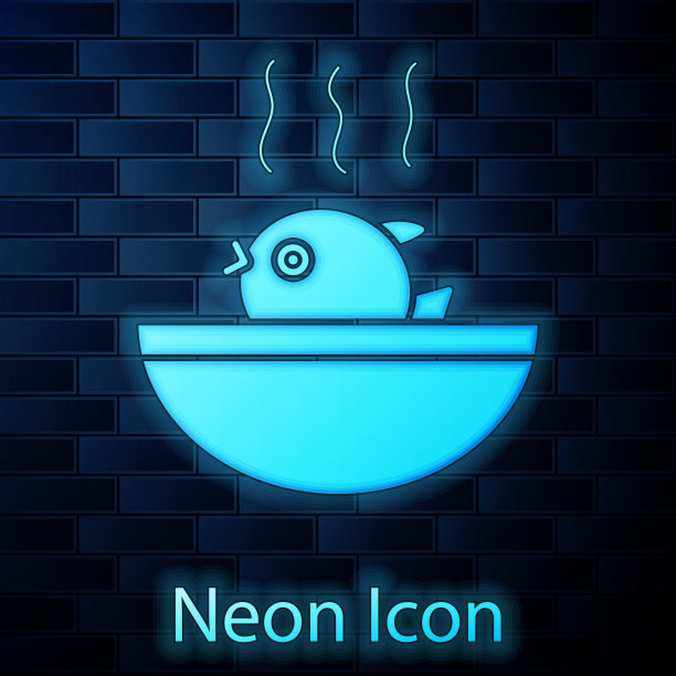 发光的霓虹灯河豚鱼汤图标孤立在砖墙背景。河豚鱼日本河豚鱼。向量图片下载