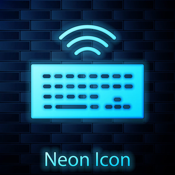 发光的霓虹灯无线电脑键盘图标孤立在砖墙背景上。电脑组件的信号。物联网概念与无线连接。向量图片下载