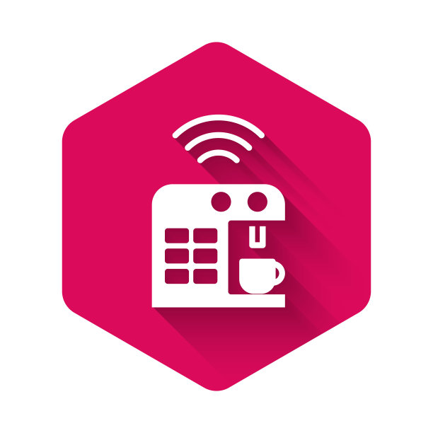 白色智能咖啡机系统图标孤立与长影子。物联网概念与无线连接。粉红色的六角按钮。向量图片下载