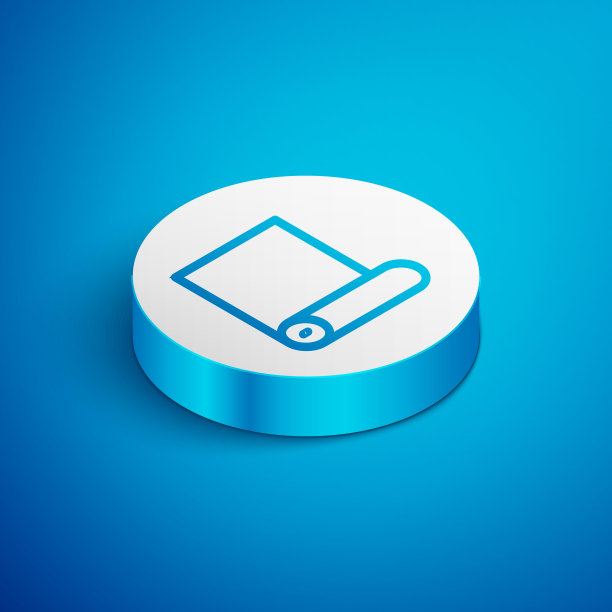 等距线健身垫卷图标隔离在蓝色背景。瑜伽垫。运动设备。白色的圆按钮。向量图片下载