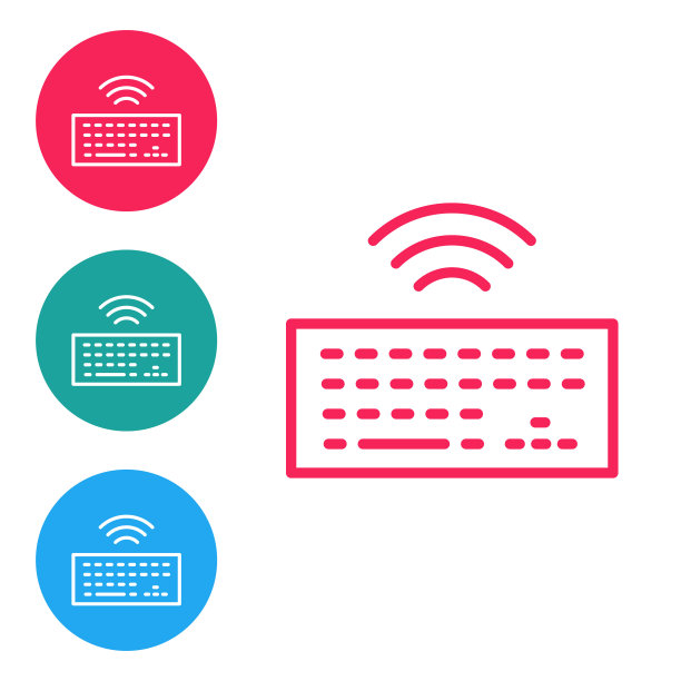 无线电脑键盘图标隔离在白色背景上。电脑组件的信号。物联网概念与无线连接。在圆形按钮中设置图标。向量图片下载