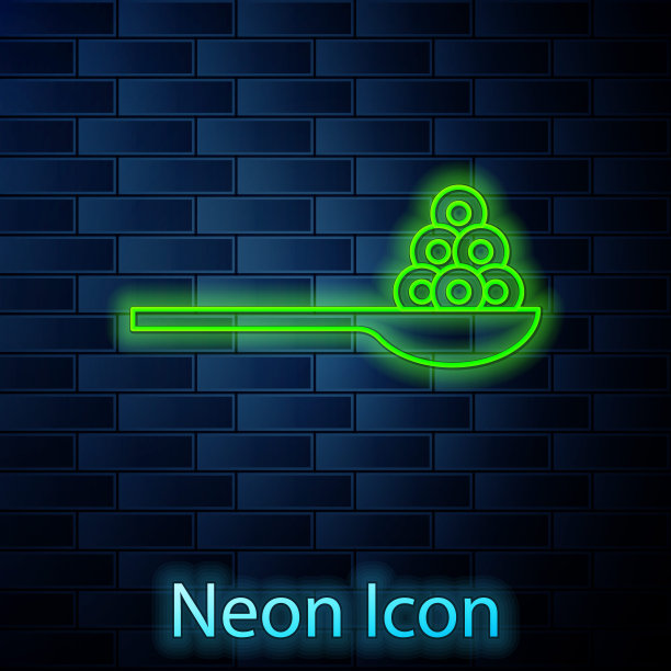 发光的霓虹灯线鱼子酱勺子图标孤立在砖墙的背景。向量图片下载