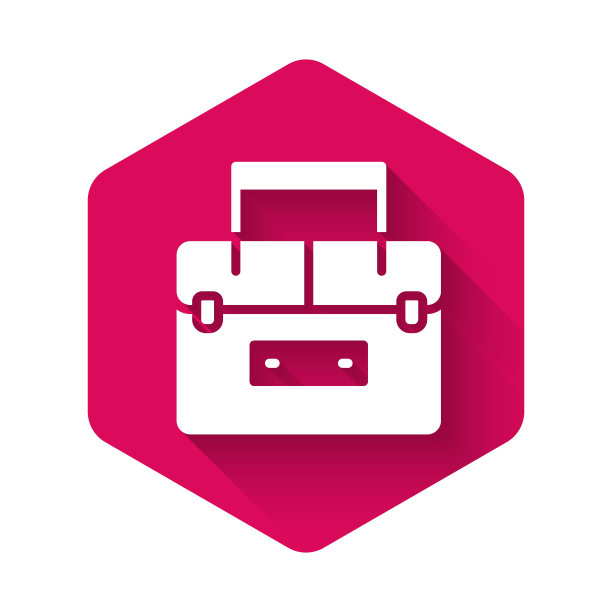 白色的箱子或盒子容器摆动和齿轮钓鱼设备图标与长影子隔离。渔具。粉红色的六角按钮。向量图片下载