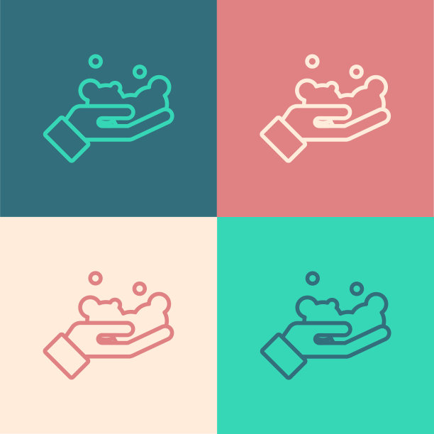 波普艺术线洗手与肥皂图标孤立的颜色背景。用肥皂洗手可以预防病毒和细菌。向量图片下载