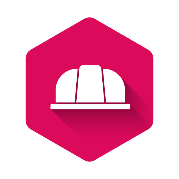 白色工人安全帽图标与长影子隔离。保险的概念。安全、安全、保护、保护理念。粉红色的六角按钮。向量图片下载