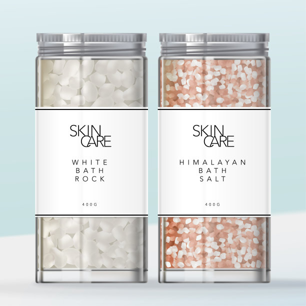 矢量光滑透明玻璃或塑料罐与金属银螺旋盖美容，护肤，身体护理或食品。白色和粉色喜马拉雅浴盐。图片下载
