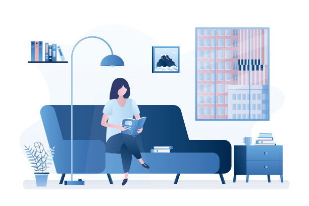 美女坐在沙发上看书或杂志。客厅内部有家具。图片下载