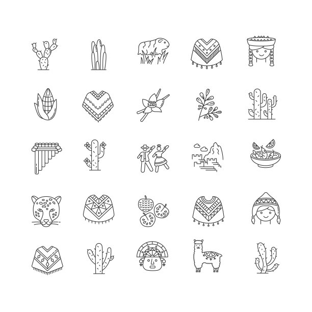 秘鲁像素完美的线性图标集。羊驼，天竺鼠，西库，番荔枝，酸橘汁腌鱼，印加，海员。可自定义细线轮廓符号。孤立矢量大纲插图。可编辑的中风图片下载