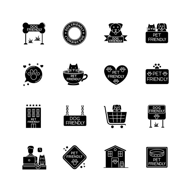 宠物友好标志黑色象形文字图标设置在空白。猫和狗允许领地和机构。家畜欢迎到公共场所。轮廓符号。向量孤立的插图图片下载