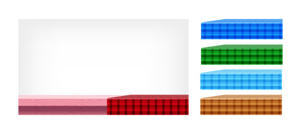 粉色木桌和收集台布设计编辑，正面视图拷贝空间，空板材台面和台布，木板上的格子布作为背景，桌面桌布，桌子上的织物图片下载