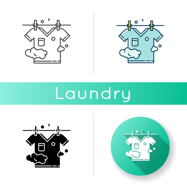 室外干燥图标。洗衣、晒衣、晾衣。t恤挂在绳上，干净的夏装，洗过的衣服。线性黑色和RGB颜色样式。孤立的矢量插图图片下载