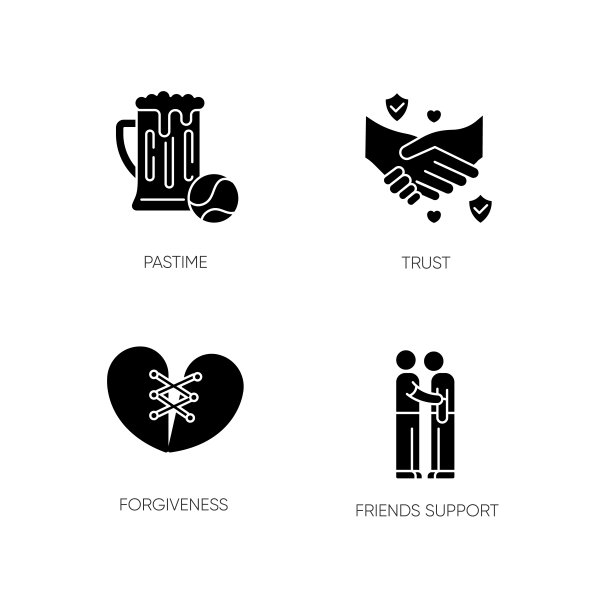最好的朋友黑色象形文字图标设置在空白。强烈的人际关系，友情的剪影象征。消遣、信任、原谅和朋友的支持。向量孤立的插图图片下载