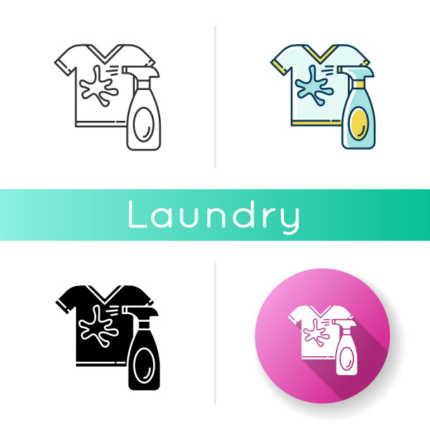 污渍清除图标。洗衣房，自助洗衣房，洗衣服和干洗服务。喷雾清洁剂，专业去污剂。线性黑色和RGB颜色样式。孤立的矢量插图图片下载
