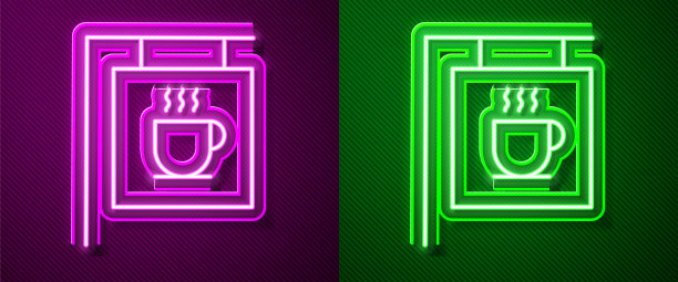 发光的霓虹灯线街道招牌咖啡图标孤立在紫色和绿色的背景。矢量图图片下载