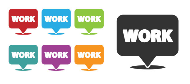 黑色位置与文本工作图标隔离在白色背景上。设置图标丰富多彩。矢量图图片下载