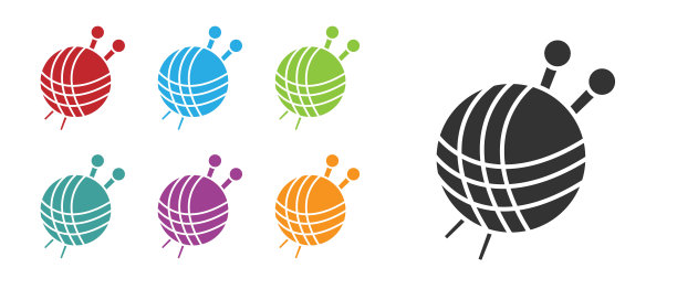 黑色纱线球与针织针图标孤立在白色背景。标签适用于手工、针织或裁缝店。设置图标丰富多彩。矢量图图片下载