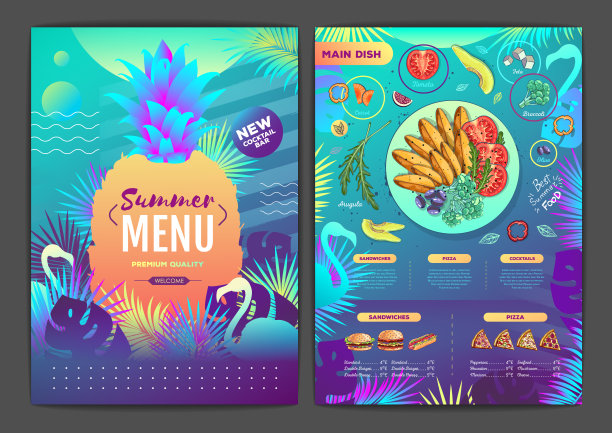 餐厅夏季热带梯度菜单设计与荧光热带树叶和火烈鸟。快餐菜单图片下载
