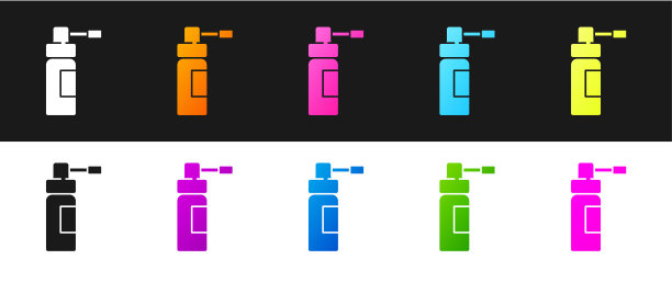 设置用于治疗鼻喉疾病的带喷嘴喷雾器的药瓶，图标隔离在黑白背景上。矢量图图片下载