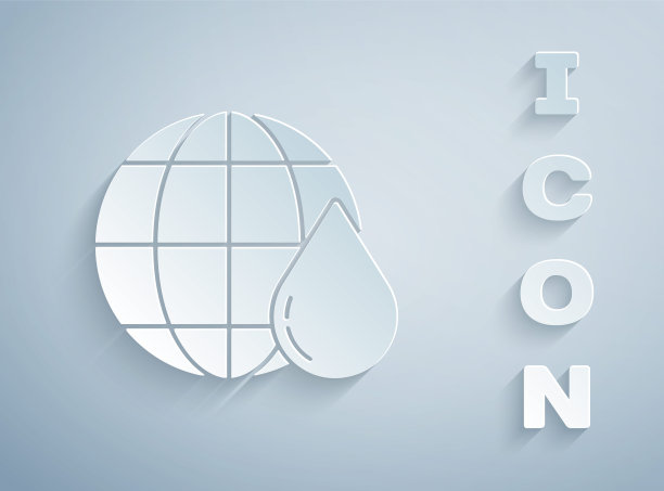剪纸地球行星在水滴图标孤立在灰色背景。世界各地。45、节约用水，保护世界环境。纸艺术风格。矢量图图片下载