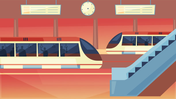 公共交通的概念。没有人的地铁内部，有火车和移动楼梯。地铁站台，里面有人们的剪影。平面向量插图素材图片
