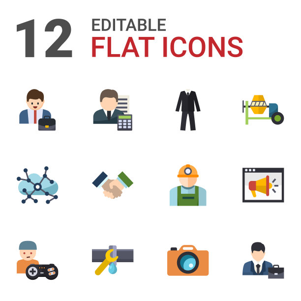 12个专业平面图标隔离在白色上图片下载