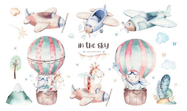 水彩画宝宝卡通可爱的飞行员航空背景插图花哨的天空运输完成与飞机，气球，云彩。幼稚的男孩模式。这是婴儿派对的插图图片下载