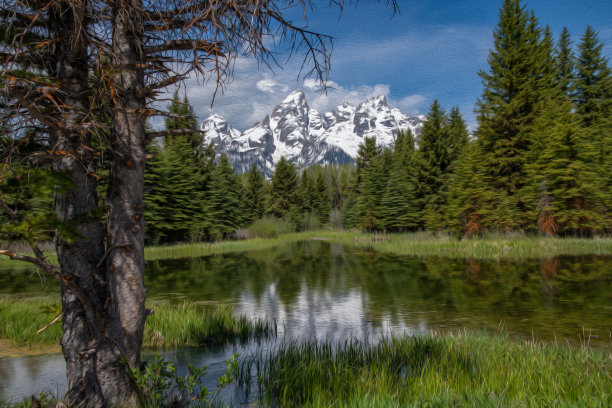 雪山在静水中的倒影作为摄影艺术图片下载