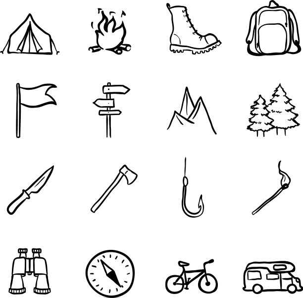 设置黑色涂鸦徒步和露营图标图片下载