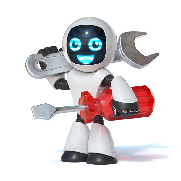 修理机器人握住扳手工具和螺丝刀，IT支持，3d渲染图片下载