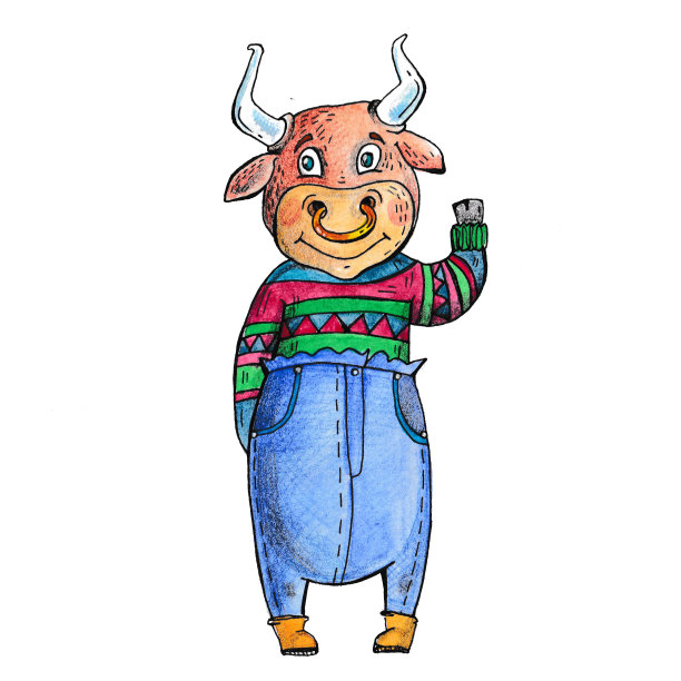 公牛毛衣，象征2021年新年和十二生肖，用水彩画牛的动物插图图片下载