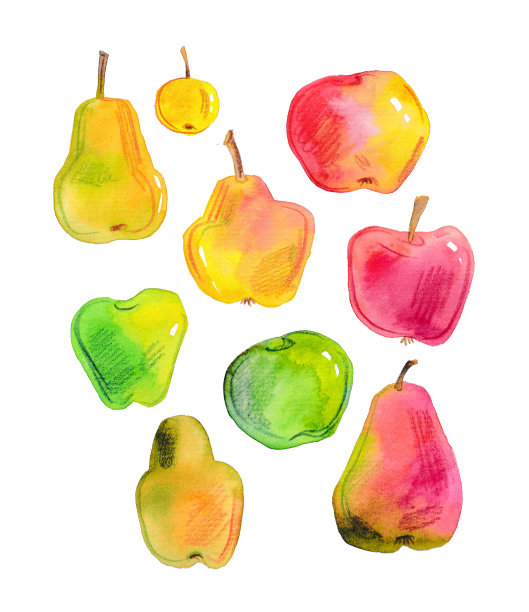 苹果和梨，水彩水果在白色的背景图片下载