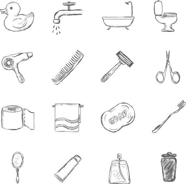 设置素描浴室和卫生图标图片下载