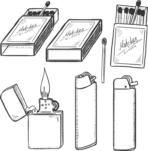 火柴、火柴盒和打火机的素描套装图片下载