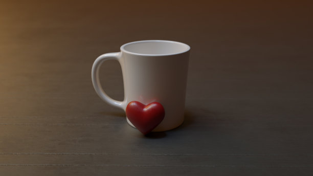 白瓷咖啡杯和红心，温暖的背景，3d渲染图片下载