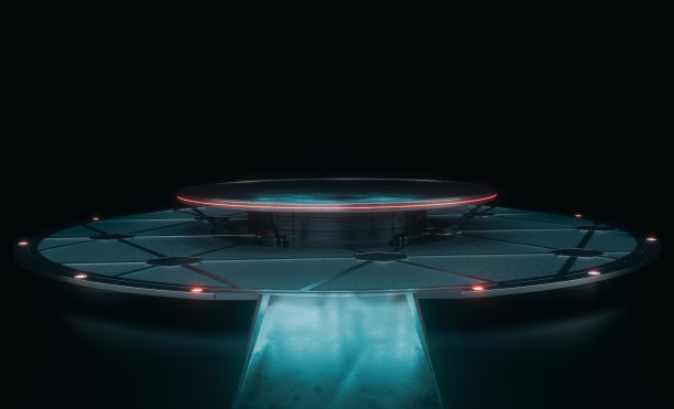 未来主义红色发光空展示，科幻未来主义讲台，先进的网络平台，不锈钢模型讲台，3d渲染素材图片