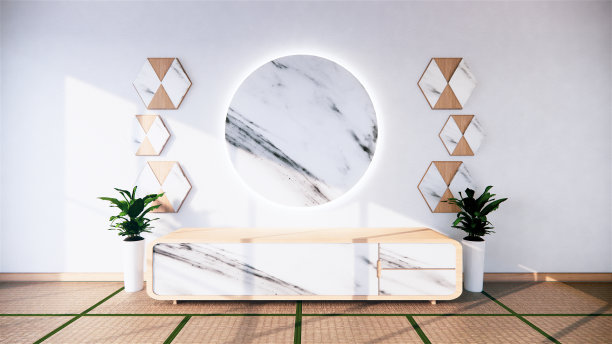 橱柜设计花岗岩和木制的现代空房间和白色墙壁上的白色地板房间热带风格。三维渲染图片下载