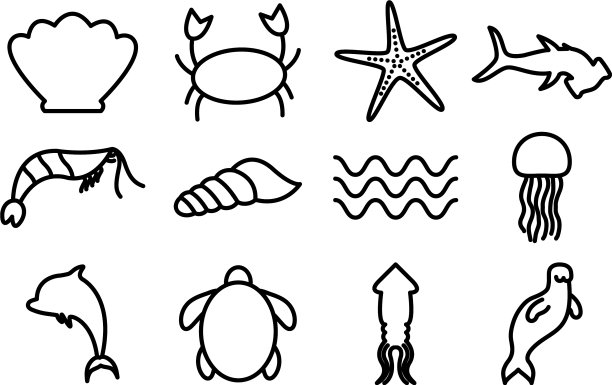 孤立的海洋生物剪影风格的图标集图片下载