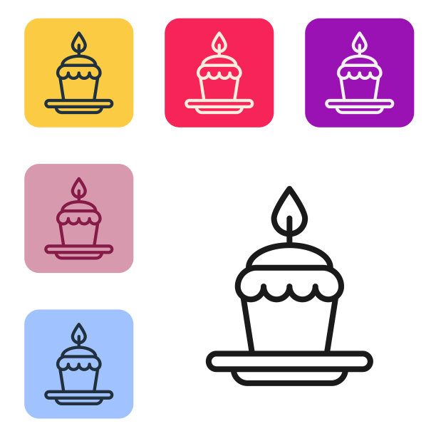 黑线蛋糕与燃烧的蜡烛图标隔离图片下载