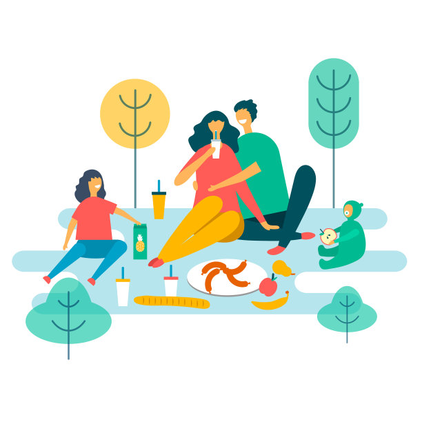 家庭野餐在白色的背景上的自然图片下载