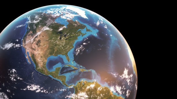地球呈半球形，有稀疏的云，显示美洲，孤立在纯黑色上图片下载