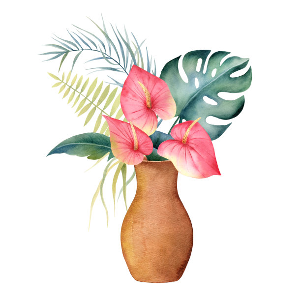 水彩手绘热带怪物和棕榈叶的花卉组成，粉红色的花红掌在一个陶罐。植物剪纸插画异国情调的丛林植物设计贴纸，室内，邀请，家居装饰。图片下载