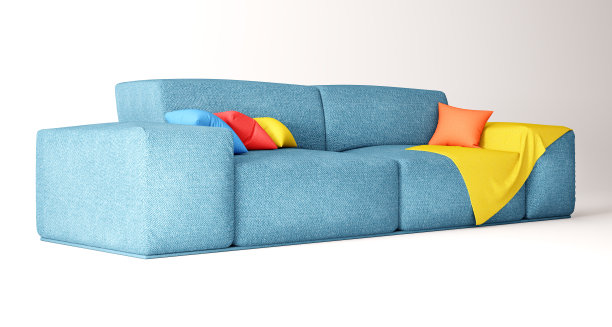 白色背景沙发与彩色枕头和格子，3d渲染图片下载