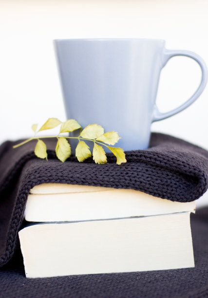 秋季布置用热茶配上一件柠檬毛衣和干树叶。书。图片下载